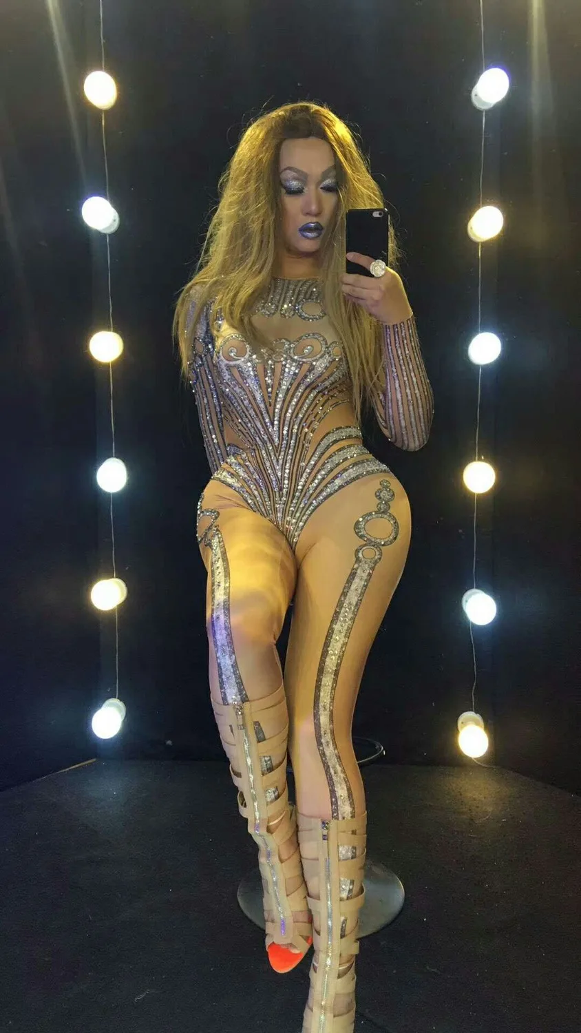 Женский сексуальный комбинезон со стразами телесного цвета для сцены стрейчевый