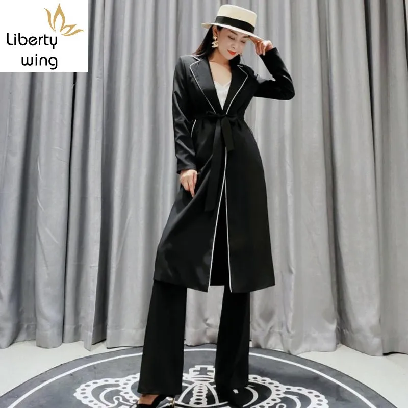 Подиумный Новый Женский Длинный блейзер Тренч широкие брюки офисный комплект из