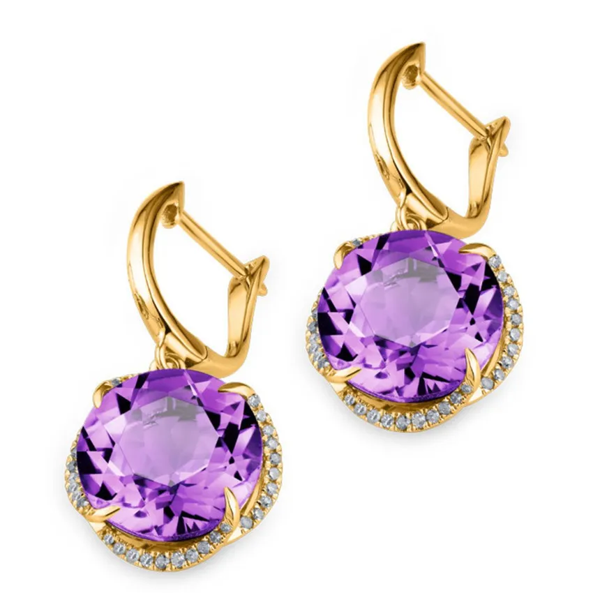 

FYJS Unique Light Yellow Gold Color Round Cabochon Section Natural Amethysts Crystal Stud Earrings with Rhinestone Jewelry