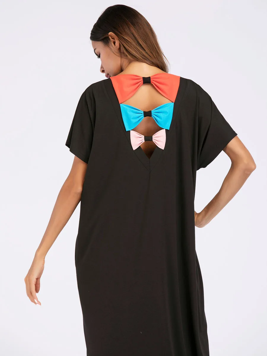 Мусульманская мусульманская одежда с бантом однотонное платье коротким рукавом