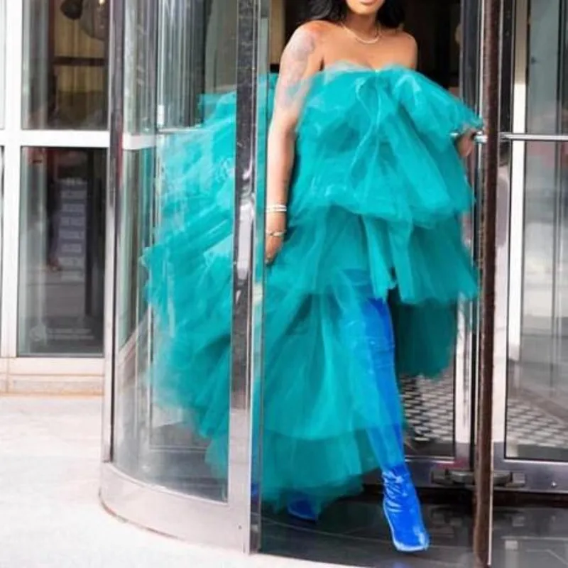 

2020 Aqua Evening Dresses Tiered Fashion Robe de soiree Custom Long Formal Party Dress Tulle Off Shoulder abiye vestido de festa