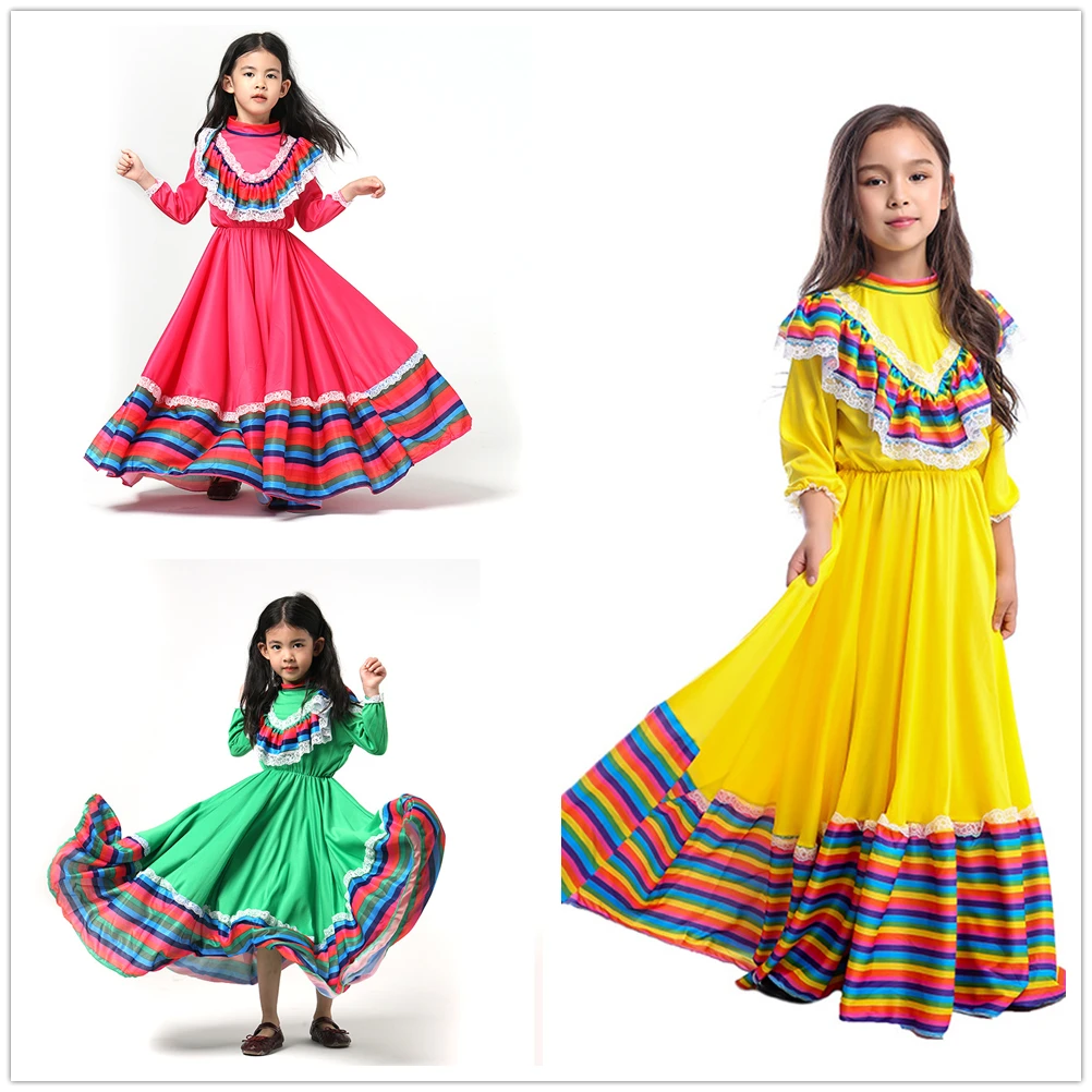 

Traditional Mexican Girl Dress Halloween Costume For Girl Yellow Big Circle Long Gypsy Flamenco Dance Skirt Day of Dead Carnival