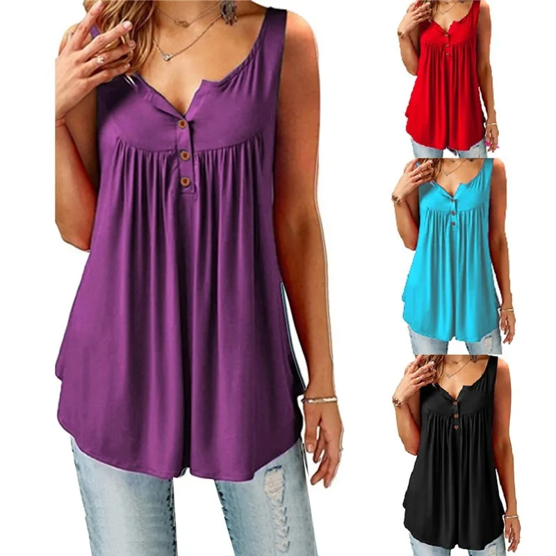 

Women Tank Top Hot Solid U Neck Female Camisole Sleeveless Pleated Tank Top Ladies Blouse Summer Women Loose Vest