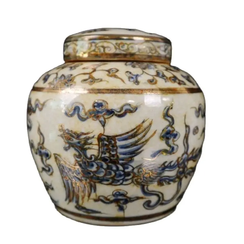 

Chinese Old Porcelain Chenghua Gold Painted Blue And White Phoenix Pattern Jar Storage Lid Jar