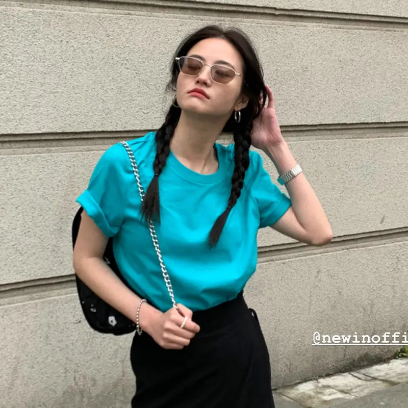 

Korean Style Women Summer Casual Cotton T-Shirt Blue Black Yellow Pink Green White Purple Plain Colour Tee Top Streetwear 2021
