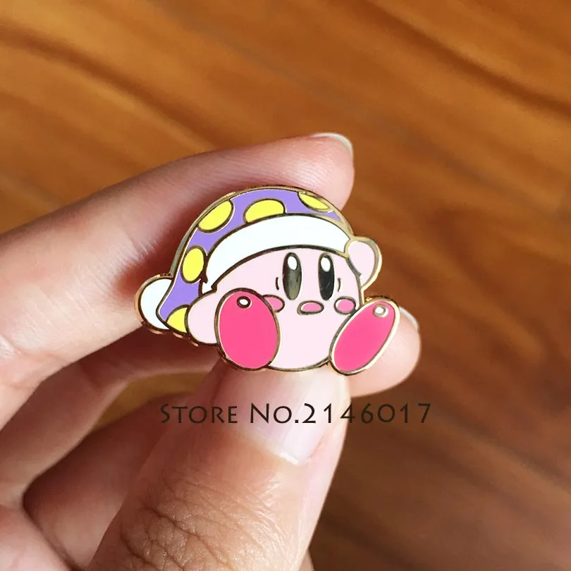 50pcs Cute Metal Badge Gifts Hard Enamel Pin Cool Bag Lapel Pins and Brooches Sleepy Kirby with Hat for Character Video Game