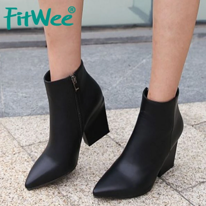 FITWEE/осенние черные ботильоны из органической кожи женская обувь на молнии с