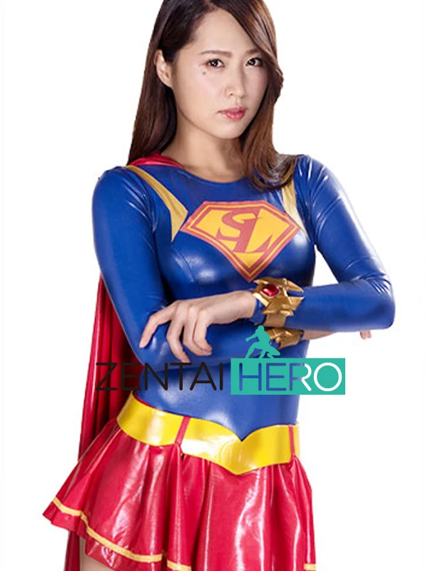 Heroine Women's Shiny Bodysuits Sexy Blue/Red Supergirl Lady Hero Zentai Catsuit Lycra Movie Sexy Ranger Leotard With Cape