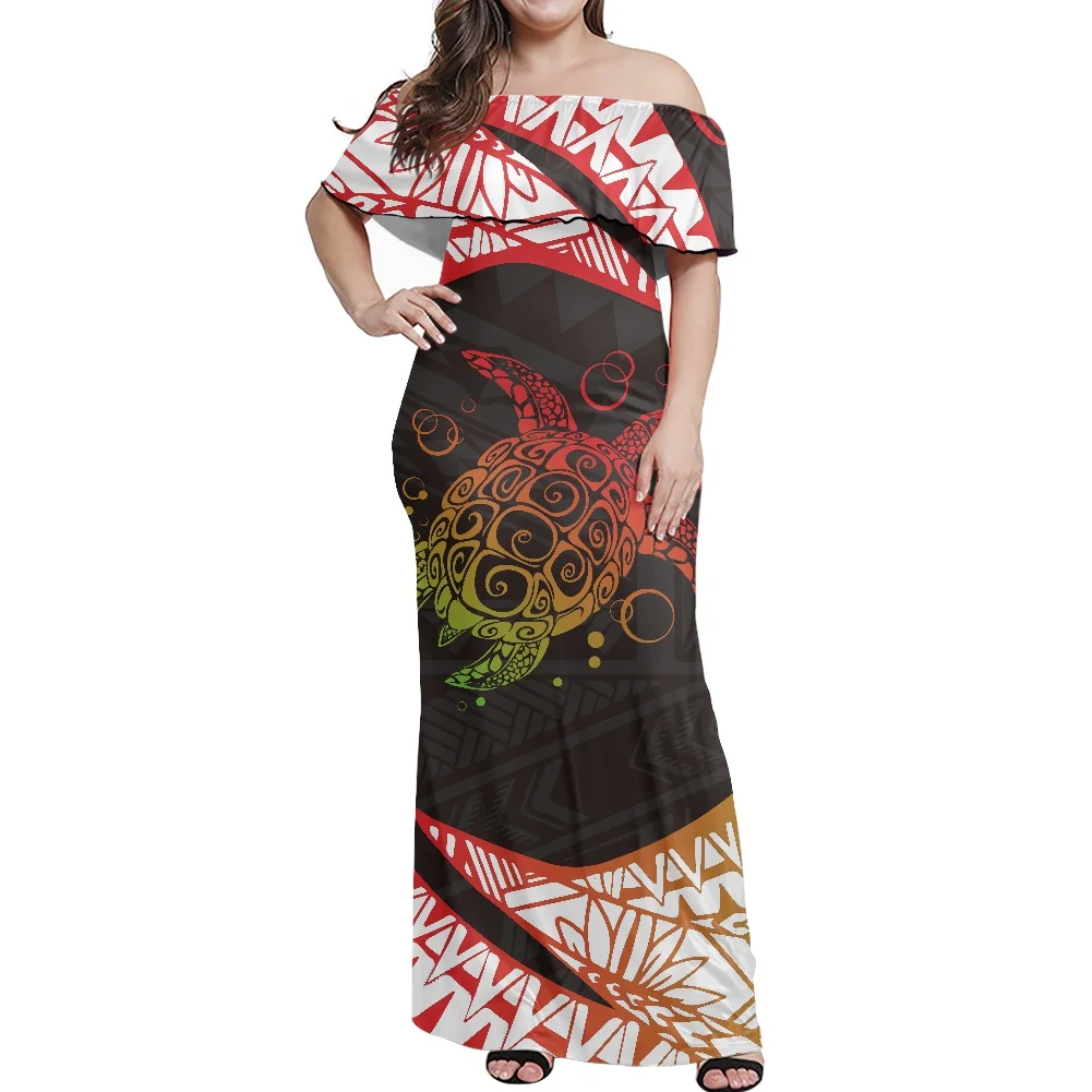 

Plus Size Maori Samoan Polynesian Tattoo Design Women Sexy Bodycon Off Shoulder Ruffle Party Club Maxi Dress Holiday Casual Wear