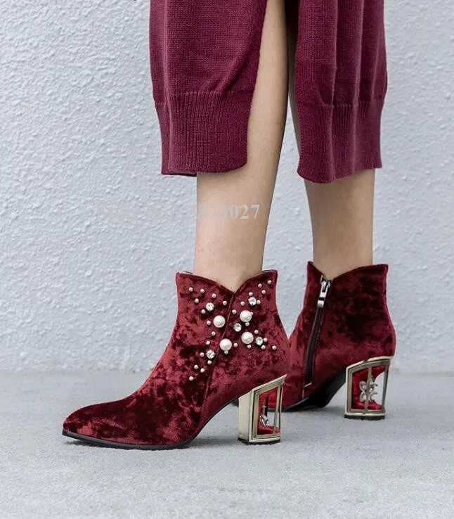 

New Design Pearl Crystal Strange Style Heel Ankle Boots Women Sexy Suede Chunky Heel Wine Red Black Short Boots Birdcage Booties