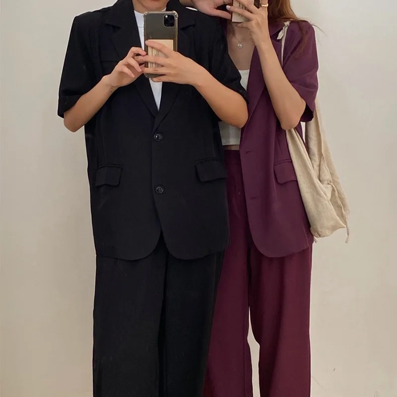 Women Two Piece Sets Loose Thin Lapel Two Button Suit Jacket and Draped High Waist Mopping Trousers Wide Leg Korean Chic Retro