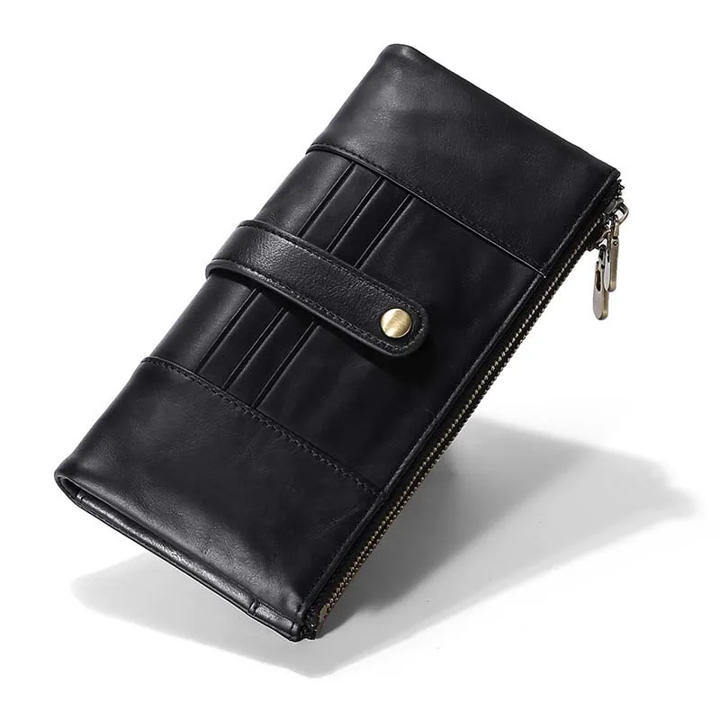 12PCS / LOT Fashion Men's Long Genuine Leather Wallet Antimagnetic RFID Double Zipper Wallet Multifunctional Wallet