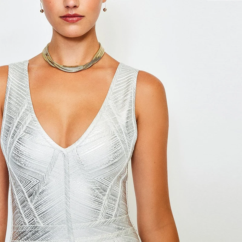 

2021 Winter Women Sexy V Neck Gold Silver Bronzing Mini Bodycon Bandage Dress Elegant Celebrity Evening Runway Party Dress