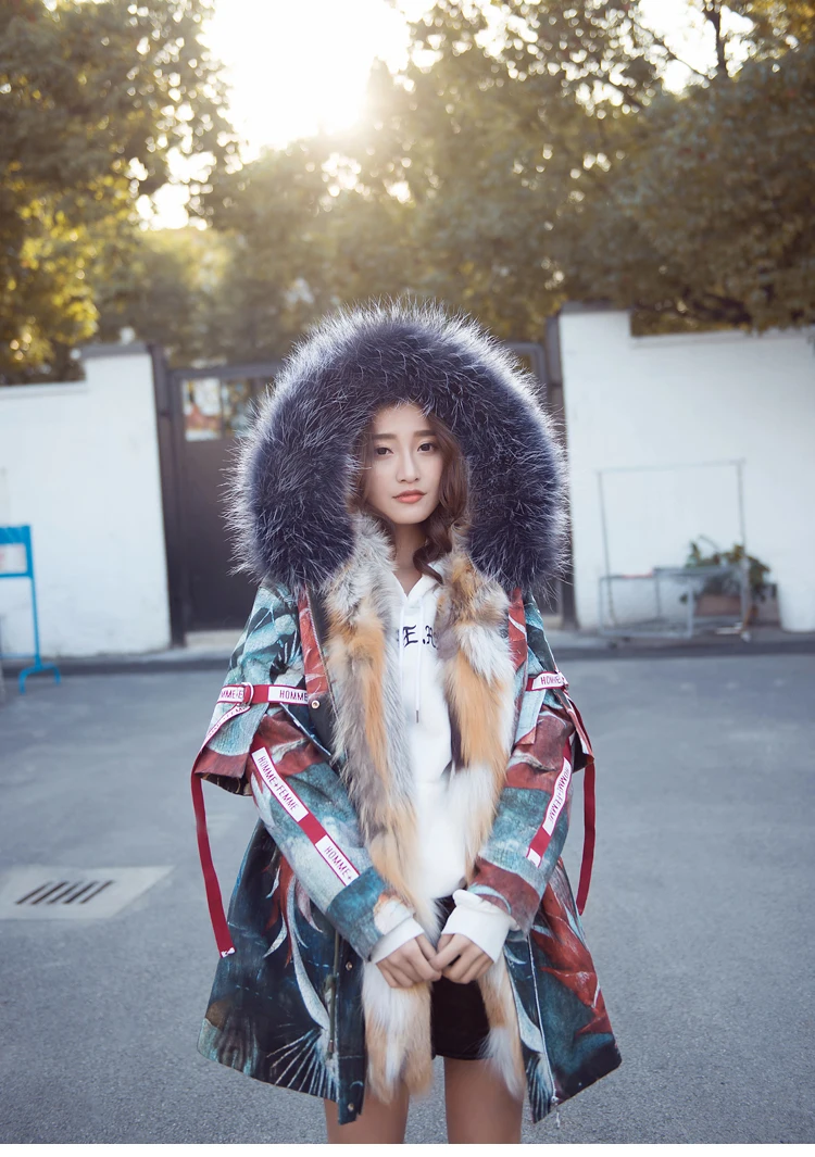 Ins Colorful Winter Coats and Jackets Women Real Fur Parka Natural Fox Fur Collar Detachable Down Liner Long Thick Warm