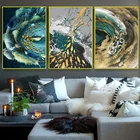 Современный постер с золотым пером, настенная живопись, синий, зеленый, рыба, абстрактный холст, настенная живопись, живое модное украшение для комнаты