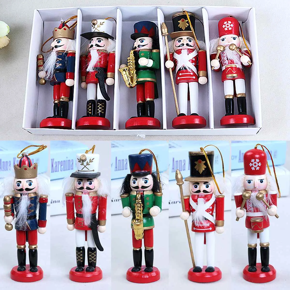 

5PCS Set New Year Decoration Wooden Nutcracker Soldier Merry Christmas Decoration Pendants Ornaments For Christmas Kids Gifts