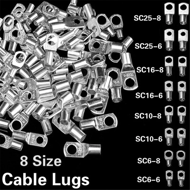 

10PCS 8 Size Copper Cable Lugs Connectors Tubular Ring Terminals Tinned Bare Electric Cable Crimp Terminals