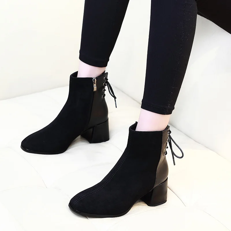 

New Women Ankle Boots 2020 Black Flock Fashion Med 5cm High Heel Boots For Ladies Square Toe Plus Size Woman Shoes G0155