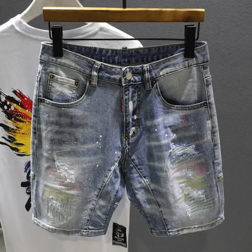 Men Light Blue Shorts Jeans Casual Holes Denim Short Jeans Hight Quality Male Cotton Straight Fit Jeans Shorts Knee Length Jeans