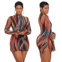 Mini robe imprimée Y2k pour femmes, manches évasées, couleur rouge, bleu, fendue, col roulé, élégante, tenue de soirée  (3)