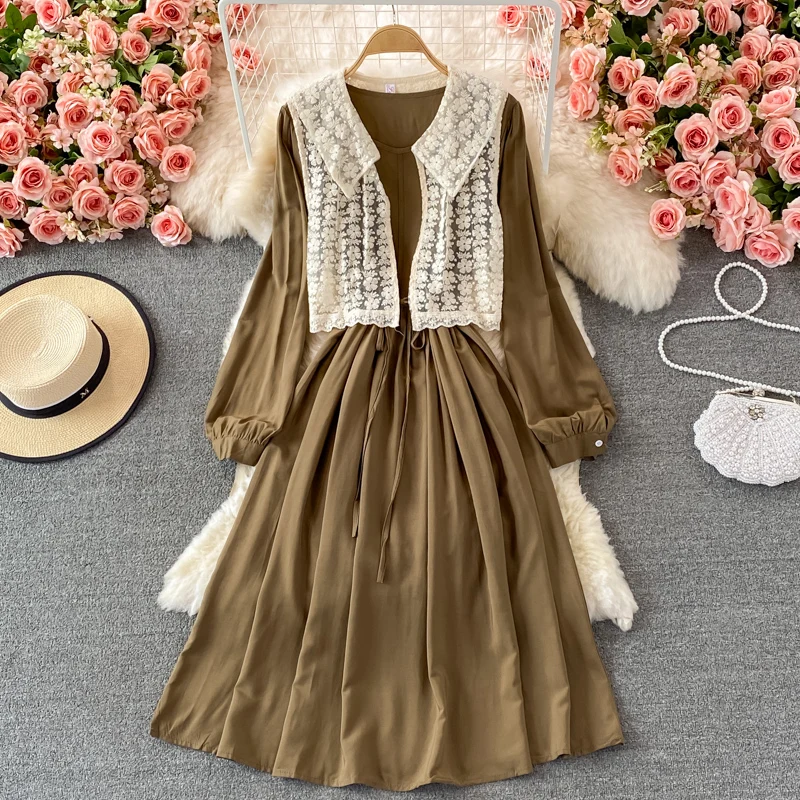 

YIZZHOY New Spring Autumn Hollow Out Lace Vest French Temperament Long Sleeve Round Neck High Waist Dress Two-Piece Set