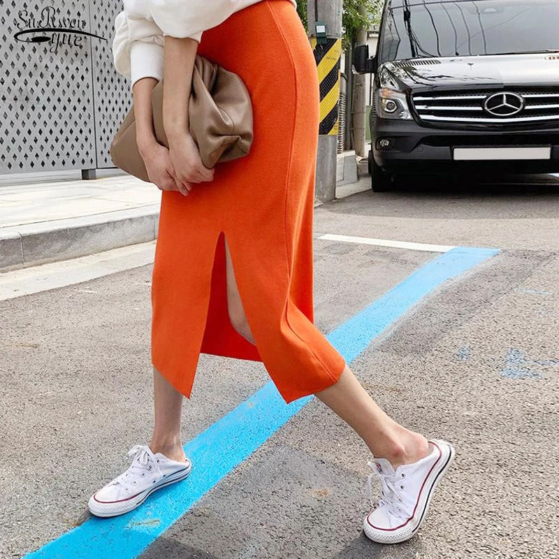 

Women Split Knitted Skirts Korean Elastic Waist Bodycon Midi Skirt Pencil Skirt Vintage Elegant Sweet Casual Slim Orange 18141