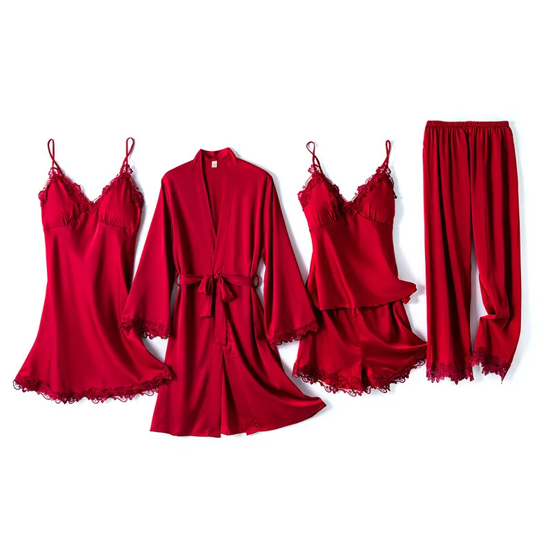 

Bride Dressing Gown 5PCS Women Rayon Robe Sets Sexy Lace Floral Trim Kimono Bath 2021 Spring Pajamas Sleep Suit Casual Home Wear