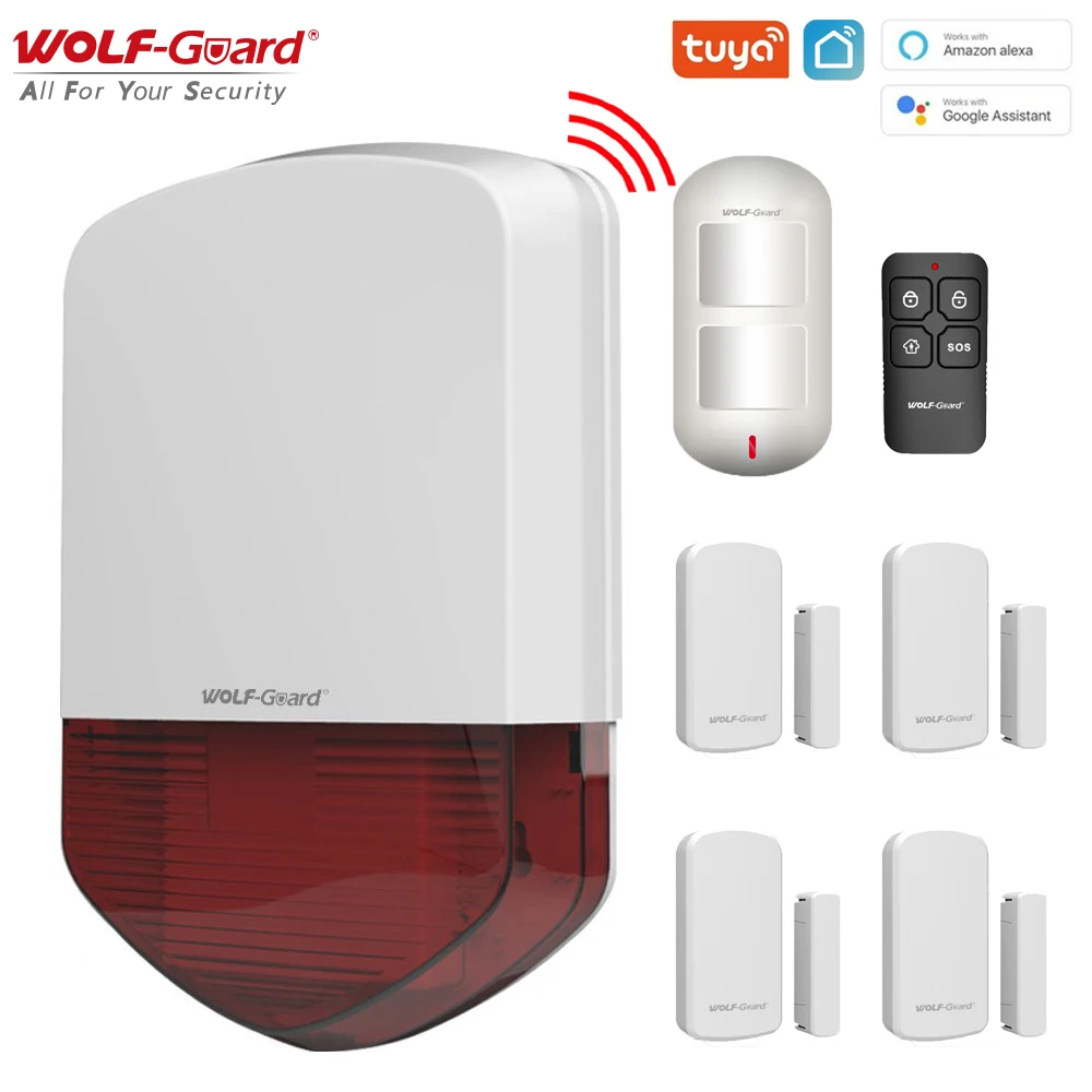 Wolf-Guard Outdoor Smart Flashing Siren Tuya Wifi Waterproof Alarm Home Burglar Security System Kit for Garden /Garage /Farm