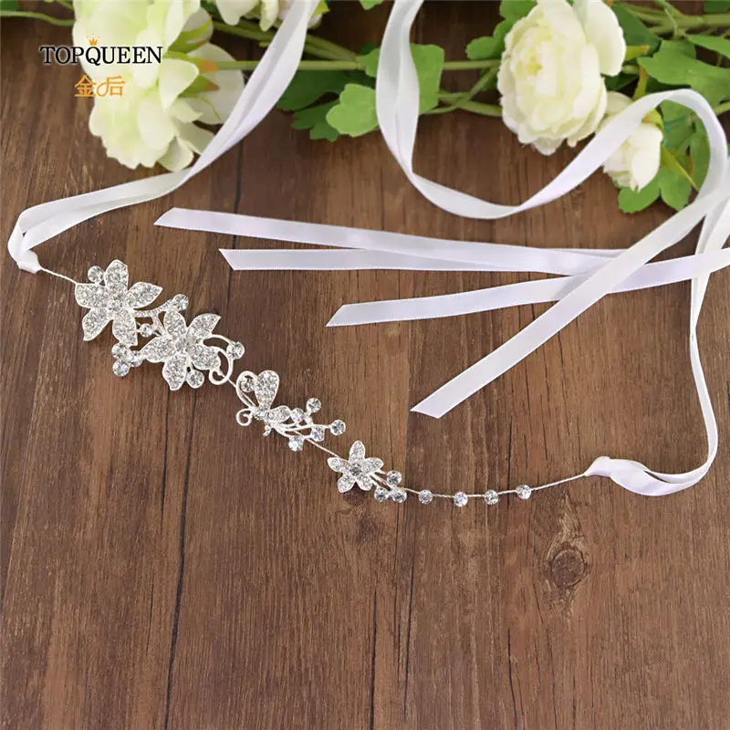 white ribbon TOPQUEEN SH260 Большой Хрустальный цветок пояс невесты Тонкий цветочный свадебный пояс горный хрусталь цветок свадебный пояс серебряный сплав пояс невесты - Цвет: white ribbon
