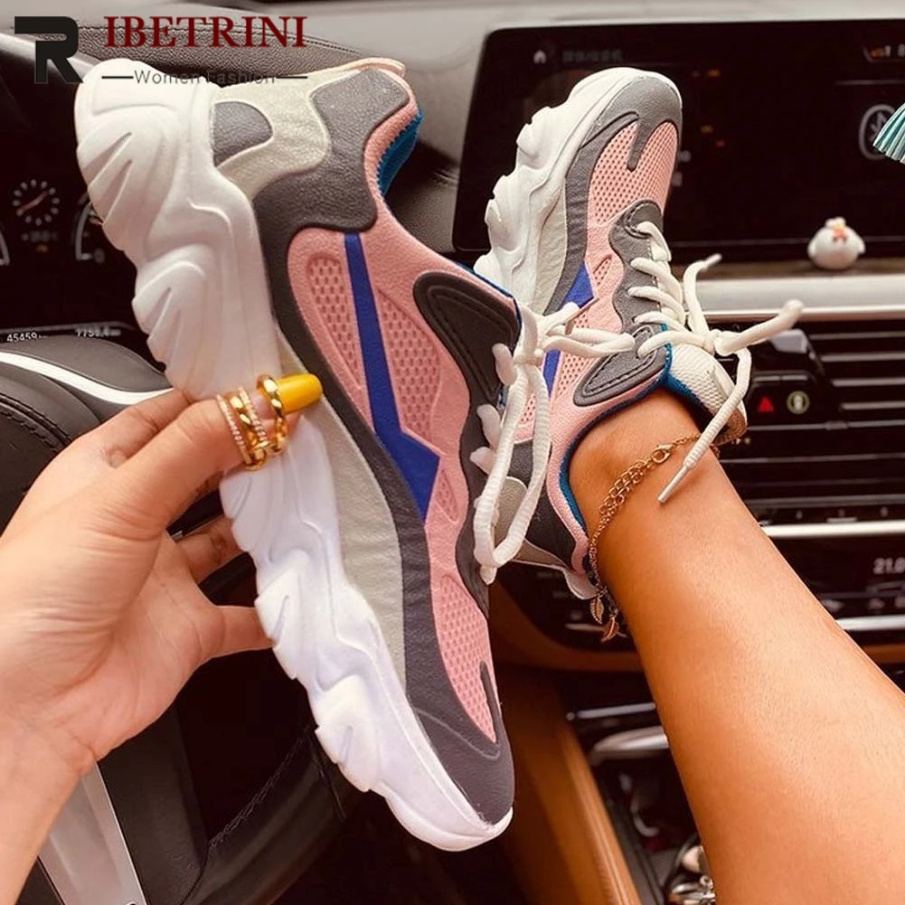 

RIBETRINI Ins Hot Sale Women Round Toe Lace Up Mesh Shoes Women Color Comfy Casual Sneakers Brand Design Spring Sneakers
