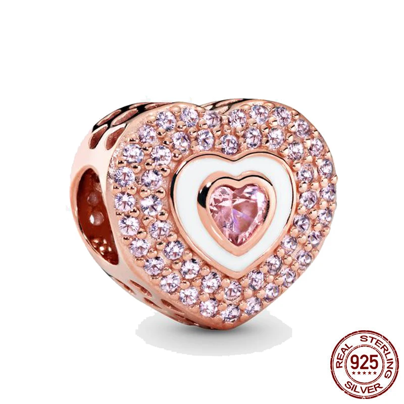 Новый бусины из стерлингового серебра 925 сверкающие розовое сердце Шарм DIY