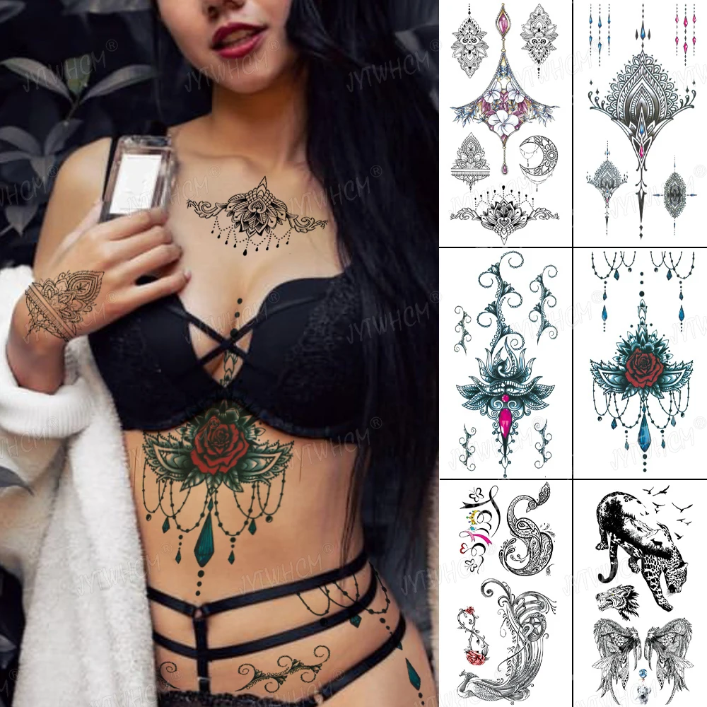 Waterproof Temporary Tattoo Stickers Jewelry Fake Tattoo Female Body Art Tattoo Realistic Rose Diamond Moon Chain Chest Tattoo