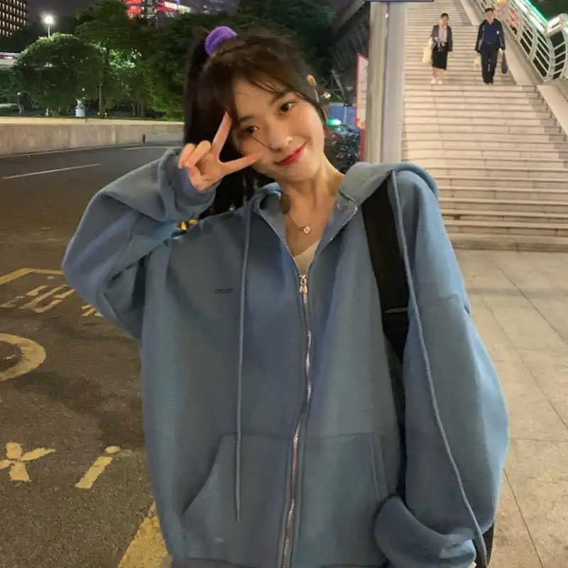 

Zip up Women Korean Style hoodies For Girls Top Vintage Solid Long Sleeve Oversized Hooded Sweatshirt Jacket Casual Large Coats