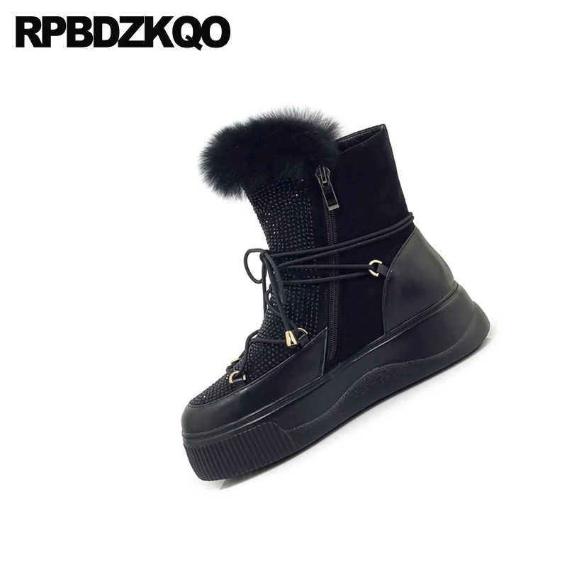 Алмазные пушистые черные меховые роскошные женские ботильоны с лифтом обувь на