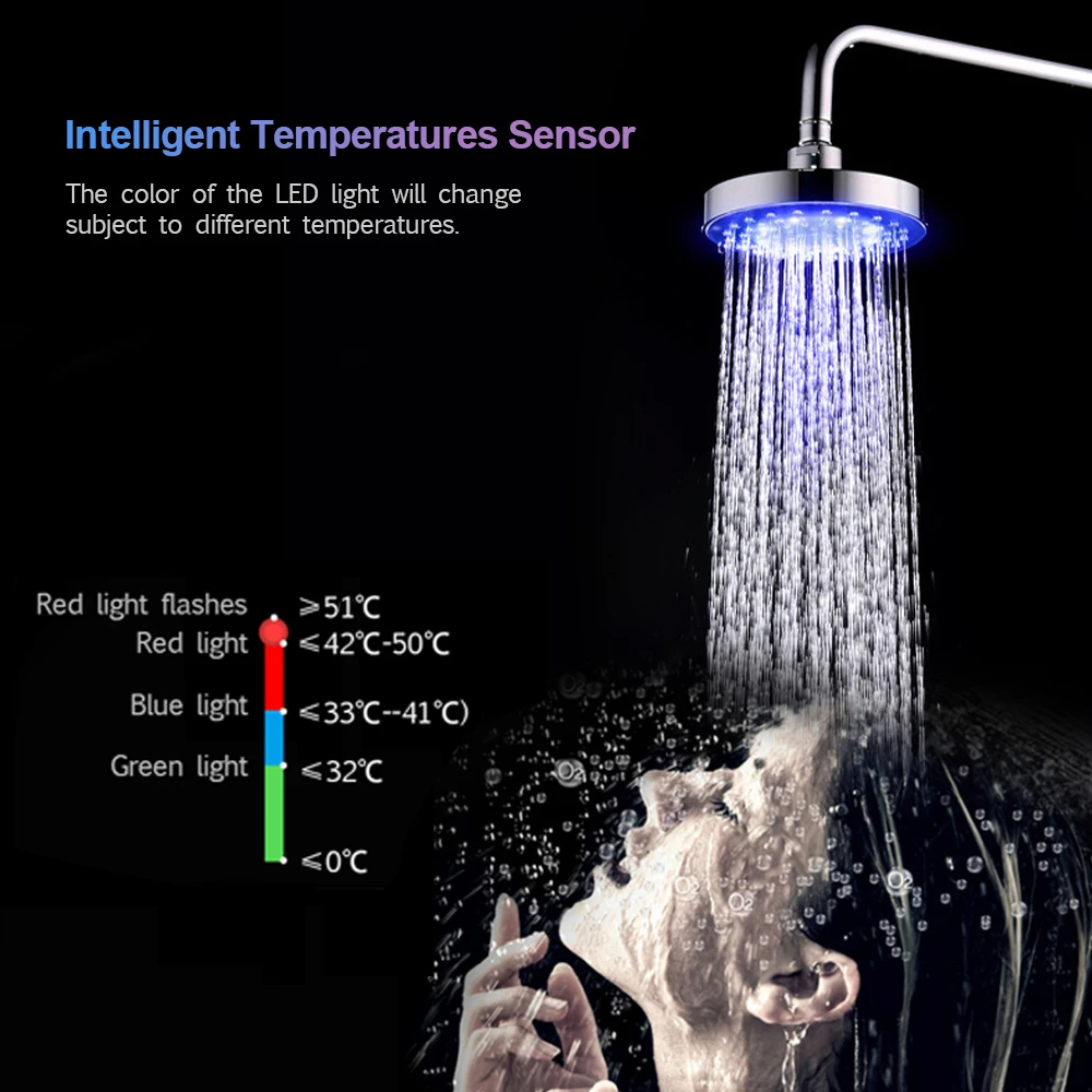 Лейка для душа водопадная светодиодная 6 дюймов с датчиком температуры|Душевые