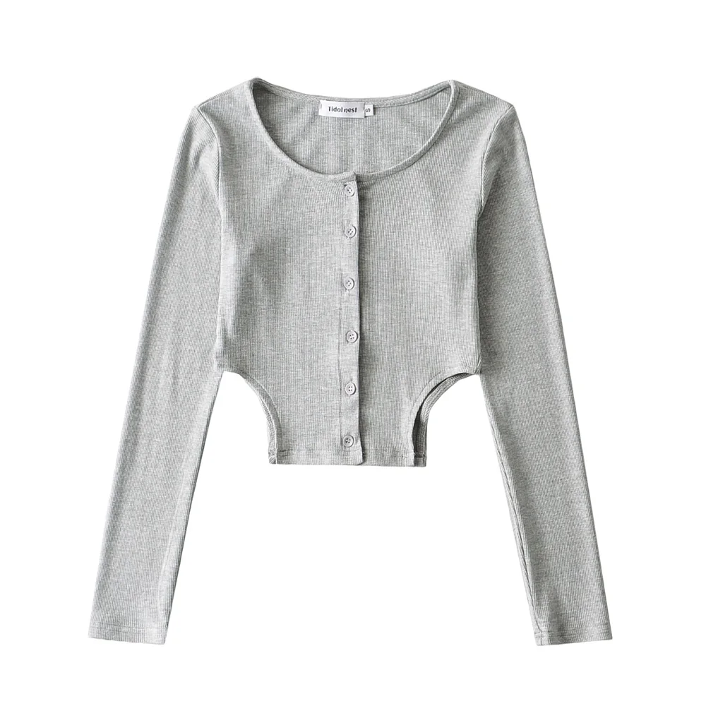 

Укороченный Топ с длинным рукавом, женская сексуальная черно-белая футболка, Женская Милая футболка, асимметричные рубашки с пуговицами по ...