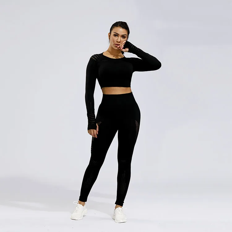 Black 2pcs set 2 шт./компл. Ombre Бесшовные женские спортивные костюмы тренажерный зал тренировки одежда с длинным рукавом фитнес укороченный топ и скручивание прикладом Леггинсы для йоги набор - Цвет: Black 2pcs set