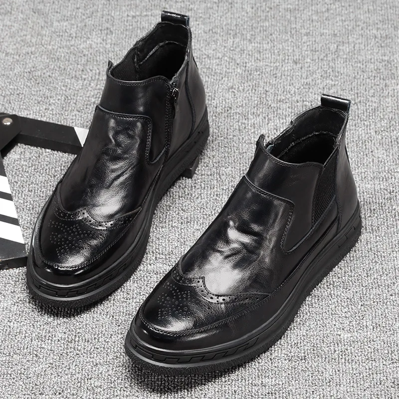 

italian brand designer mens fashion chelsea boots black platform shoes cow leather brogue boot bullock ankle botas homme bottes