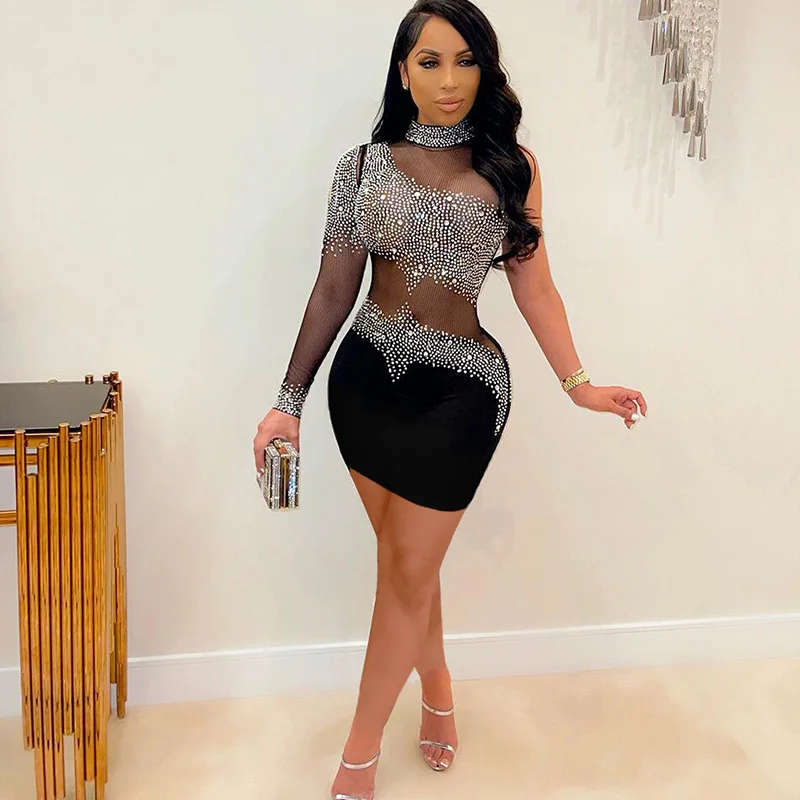 

Кристальные стразы вечерние платья для ночного клуба для женщин с открытым плечом из сетчатой ткани элегантные платья для женщин