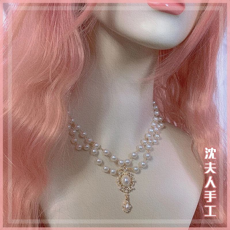 

Mori Girl Vintage lolita European style Necklace double-deck Pearl Baroque Choker Handmade Tea Party All-match Collarbone Chain