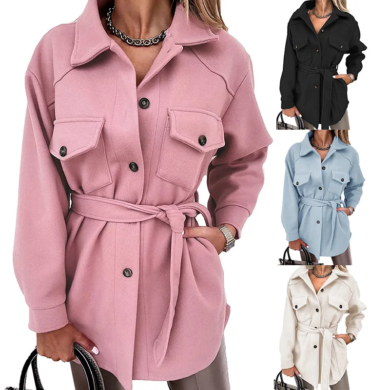

2021 Autumn Winter New Womens Jackets Pure Color Wool Casual Coat With Belt Solid Color Long-sleeved Pink Blue Beige Black Coats