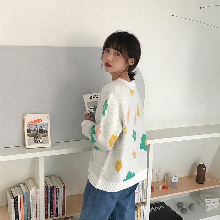 Винтажные очаровательные Цвет с цветами свитер женский в Корейском стиле Harajuku