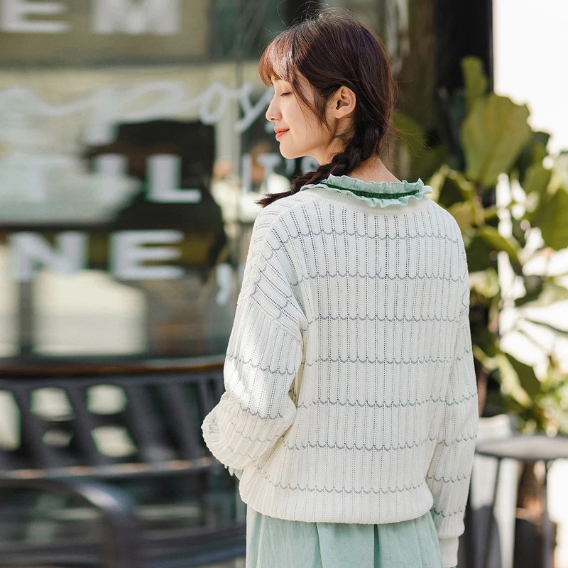 INMAN Spring Autumn Literary V Neck Sweet Style Women Hollow Out Cardigan Sweater |