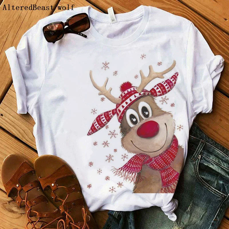 

2020 Christmas T-shirt Women Bandana Harajuku reindeer Sleeve Mom T Shirt Fashion Cartoon Funny Graphic Tshirt femme Tclothes