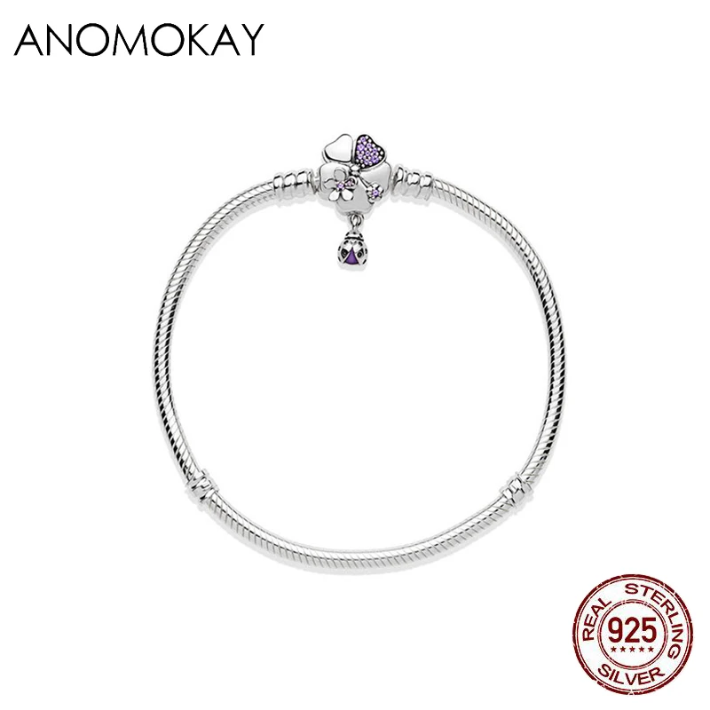 Anomookay Новинка 925 пробы Серебряный Фиолетовый Хрустальный цветок женский браслет базовый браслет серебряные ювелирные изделия