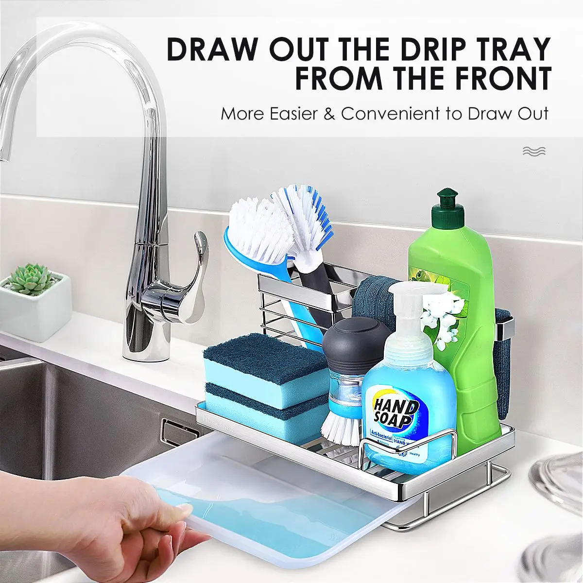 

Kitchen Sink Organizer Stainless Steel Dish Kitchen Utensils Holder Sponge Brush Rack with Drain Pan for Home Kitchen Restaurant