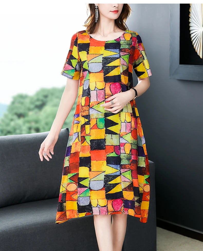 

2019 New Arrival Women Silk Dress Female Summer Half Sleeve O-Neck Vintage Print Dresses Loose Casual Plus Size Vestidos Mujer