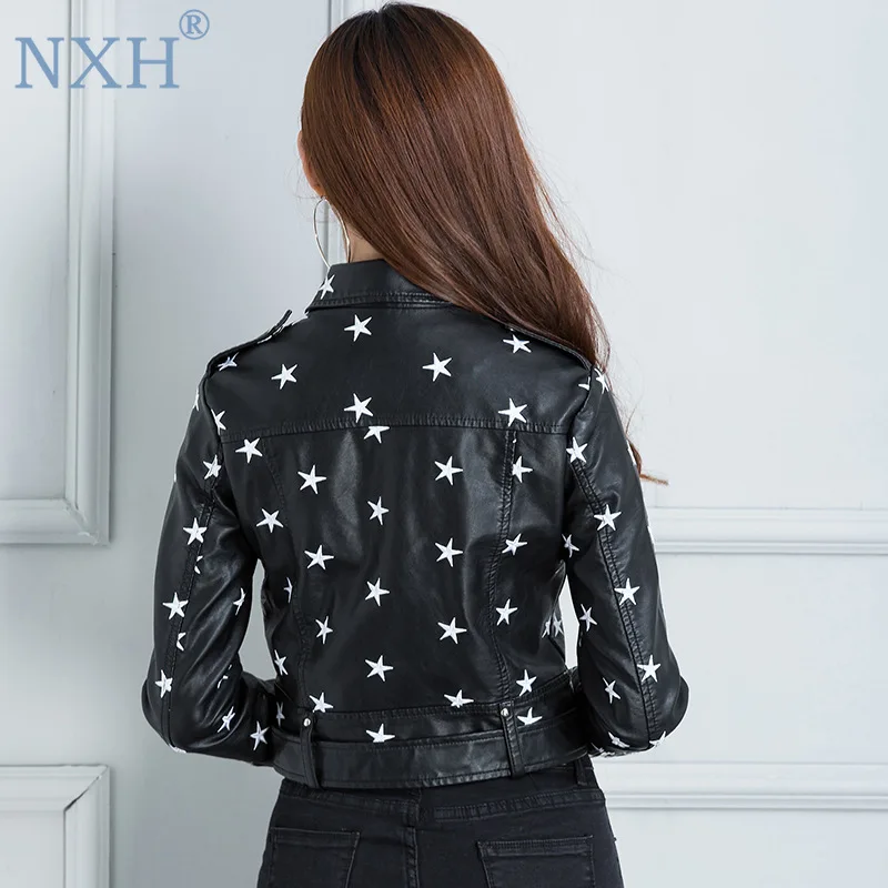 NXH Street Fashion PU Leather Jacket New Womens Star Embroidery Casual Motorcycle Jackets bright streetwear clothes women