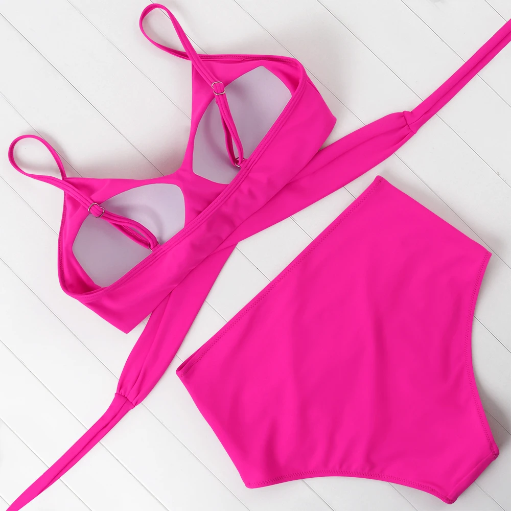 Купальник-бикини OMKAGI женский с высокой талией однотонный бандажный комплект