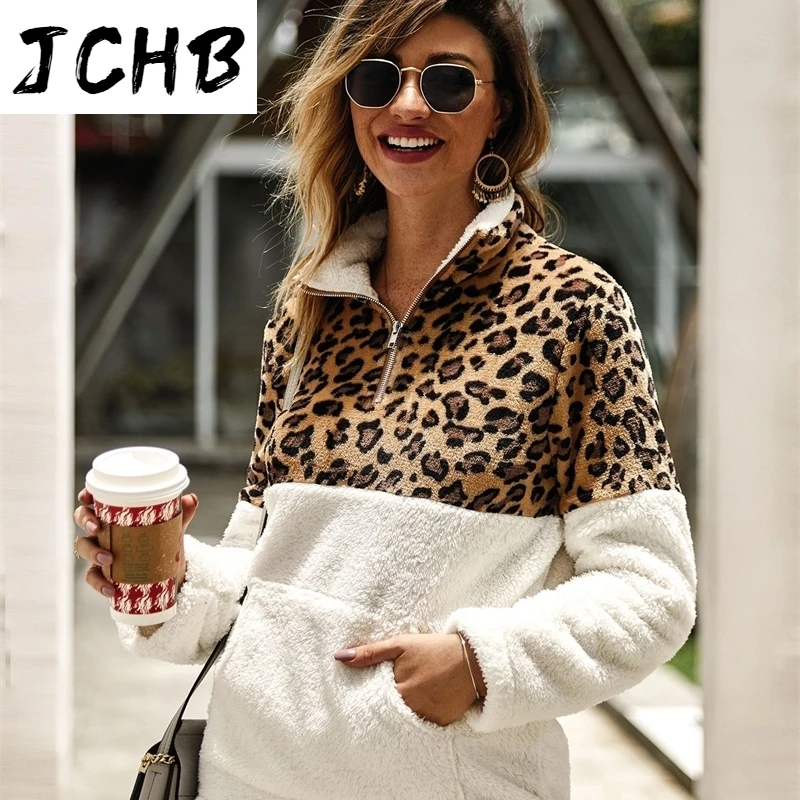 

Patchwork Leopard Zipper Warm Fleece Slim Top Women Autumn Winter Sweatshirt Streetwear Lapel Long Sleeve Casual Hoodies Casual